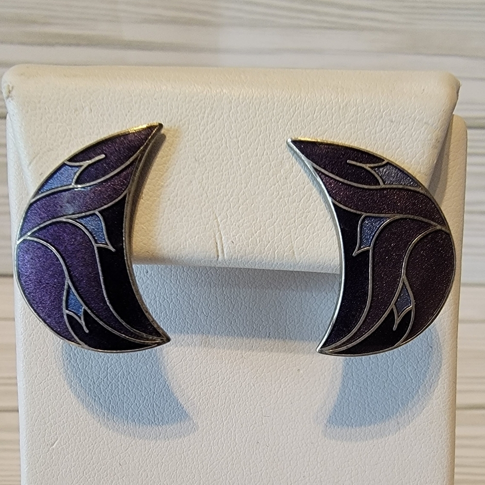 Vintage Roccoco Purple Enamel Crescent Moon Statement Pierced Earrings